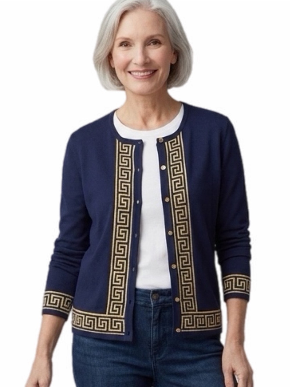 LILLY PULITZER Navy & Gold Greek Key Keane Cardigan Sweater Buttons Small